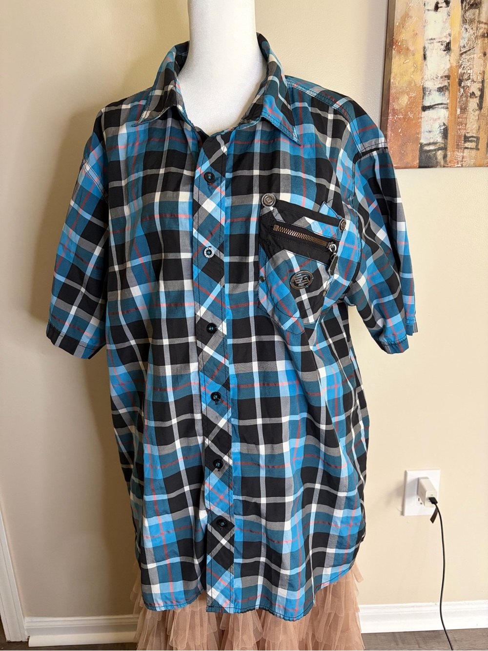 Enyce Blue and Black Plaid Short-Sleeve Button-Down Shirt